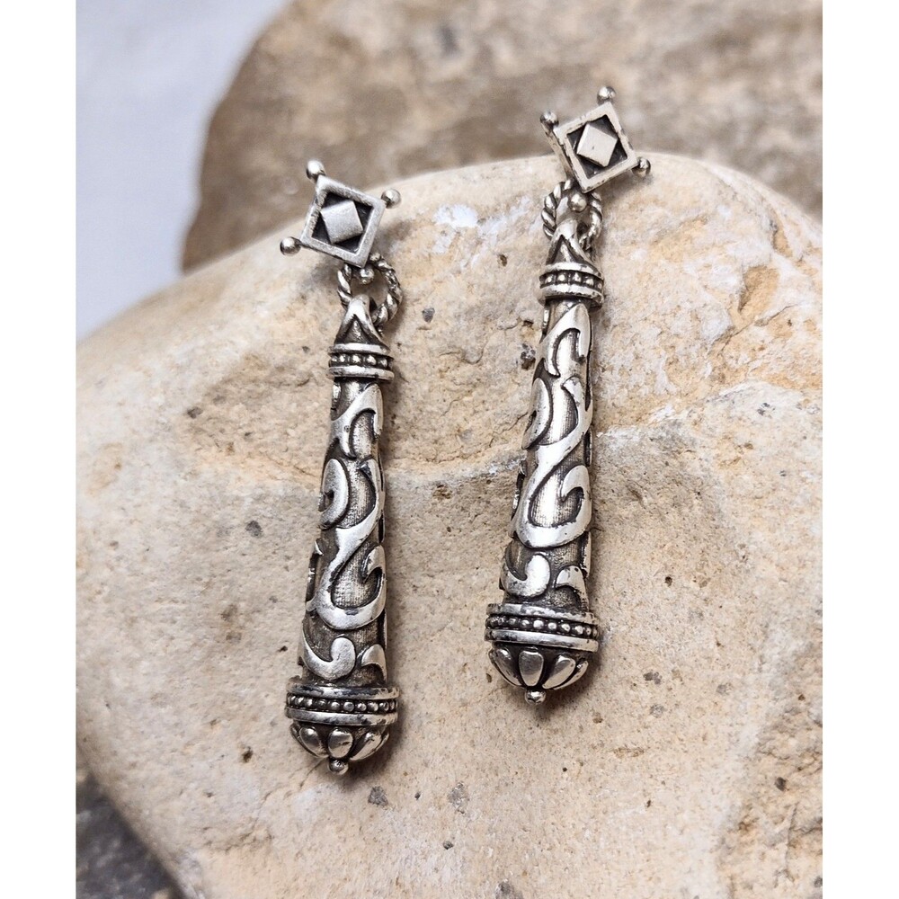 Embossed Scroll Dangle Silver Earrings Vintage